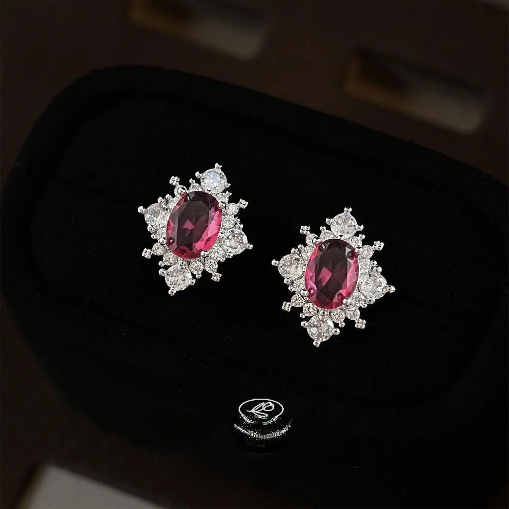 French Elegant Rose Red Zircon Geometric Copper Stud Earrings Hong Kong Style