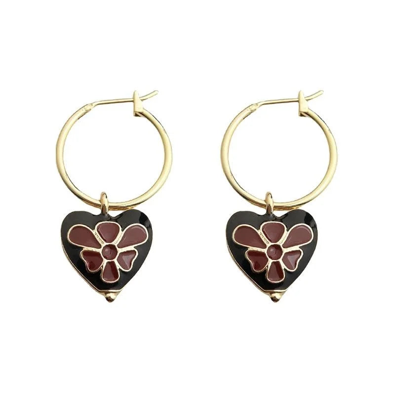 14K Gold Plated Copper Enamel Heart Flower Drop Earrings Retro Minimalist Jewelry
