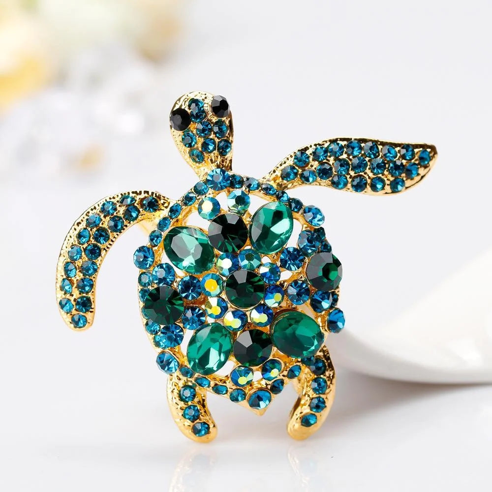 Luxury Sea Turtle Rhinestone Alloy Brooch, Blue Green Crystal Lapel Pin Corsage For Women Suit Gift