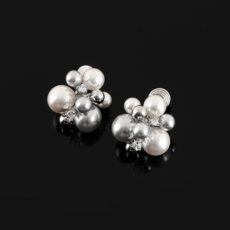 Luxury Grey Pearl Firework Cluster Rhinestone Stud & Clip On No Piercing Women's Fashion Earrings
