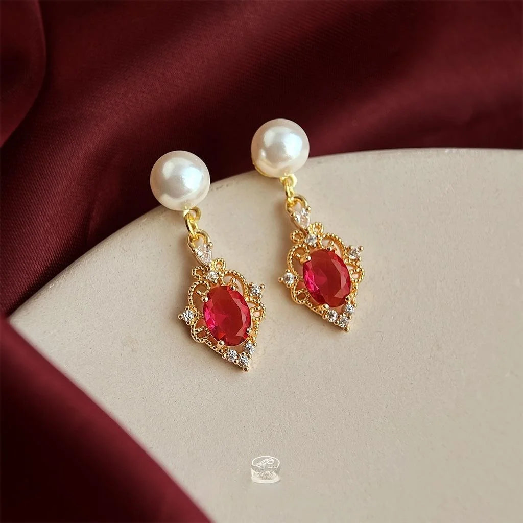 Hong Kong French Retro Geometric Zircon Glass Pearl Tassel Drop Earrings