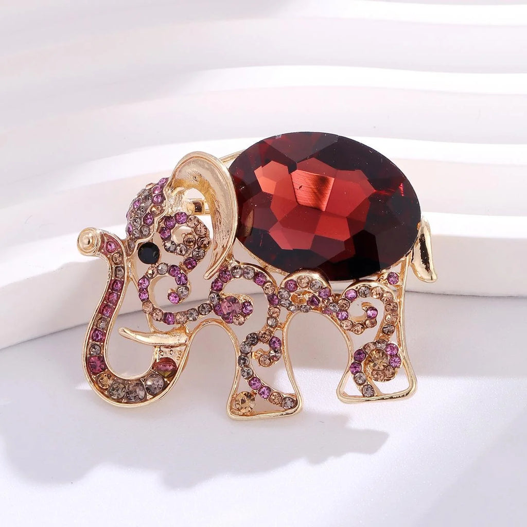 Luxury Elephant Rhinestone Brooch With Red Crystal Body, Elegant Animal Lapel Pin Corsage Gift