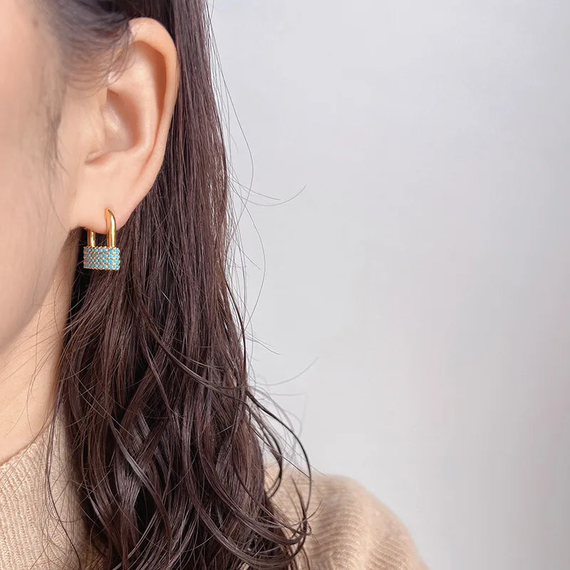 Elegant Luxury Turquoise Pave Padlock Hoop Alloy Stud & Clip On No Piercing Screw Back Earrings