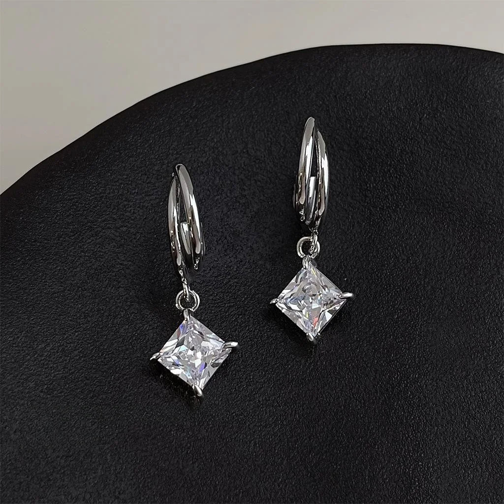 Minimalist OL Double Layer Square Zircon Copper Drop Earrings For Women
