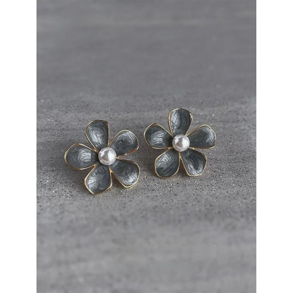 French Vintage Haze Blue Enamel Flower Pearl Alloy Stud Earrings For Women