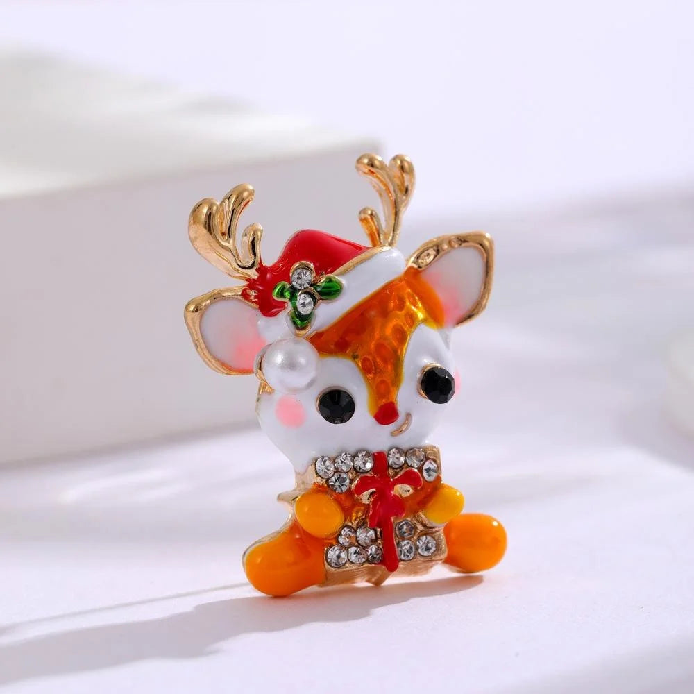 Cute Christmas Reindeer Enamel Brooch With Rhinestone Gift Box, Festive Deer Lapel Pin Corsage Gift