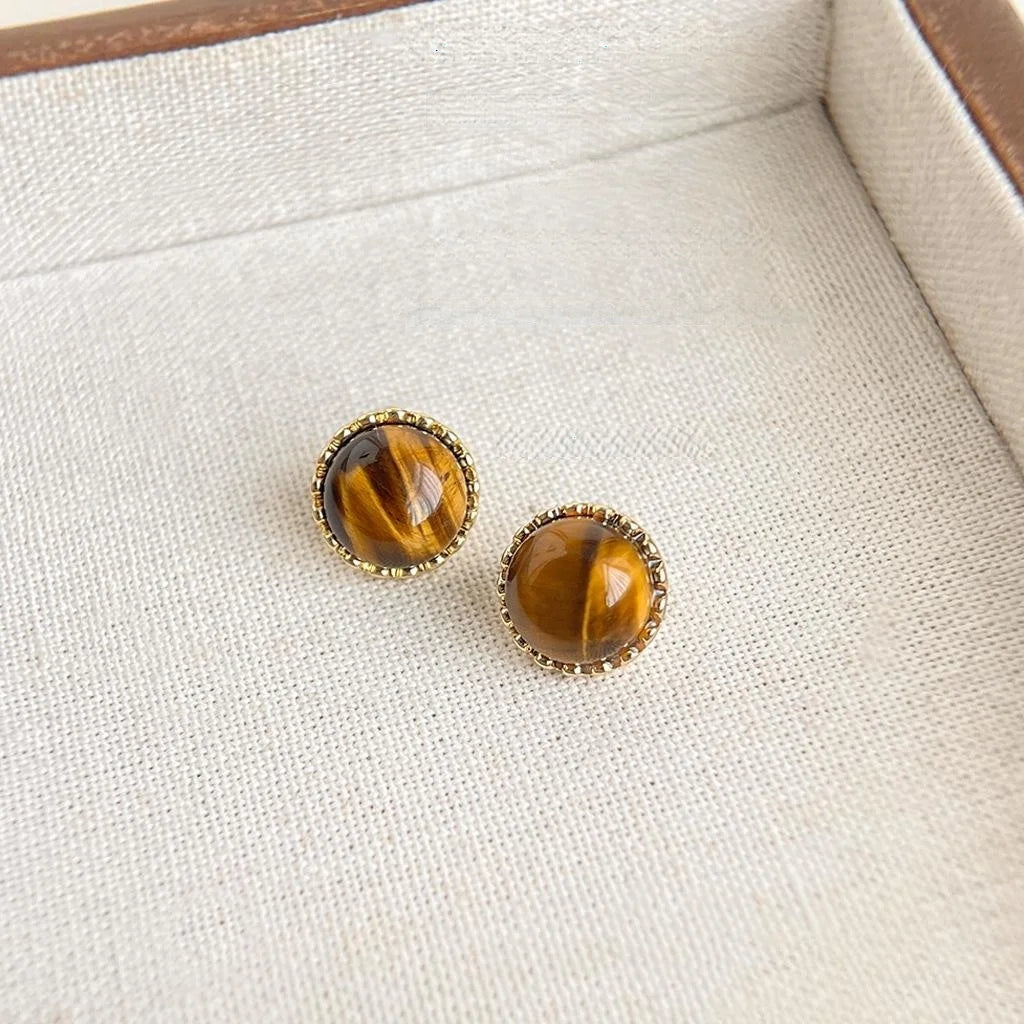 14K Gold Plated Copper Tiger Eye Round Geometric Stud Earrings For Women Minimalist Office Jewelry