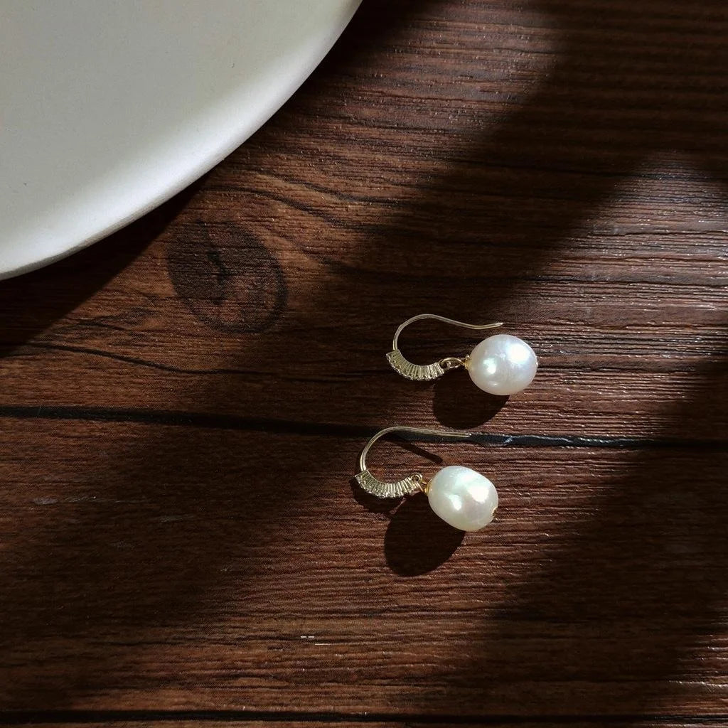 Vintage 14K Gold Plated Natural Freshwater Baroque Pearl Drop Earrings Handmade Geometric Jewelry