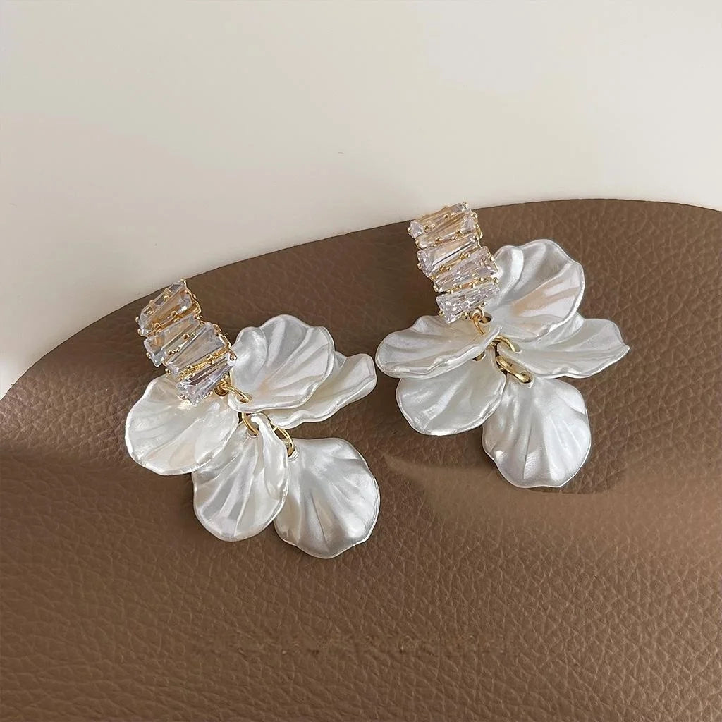 Forest Style Handmade Acrylic Flower Petal Zircon Copper Drop Earrings With Silver Plated Pins