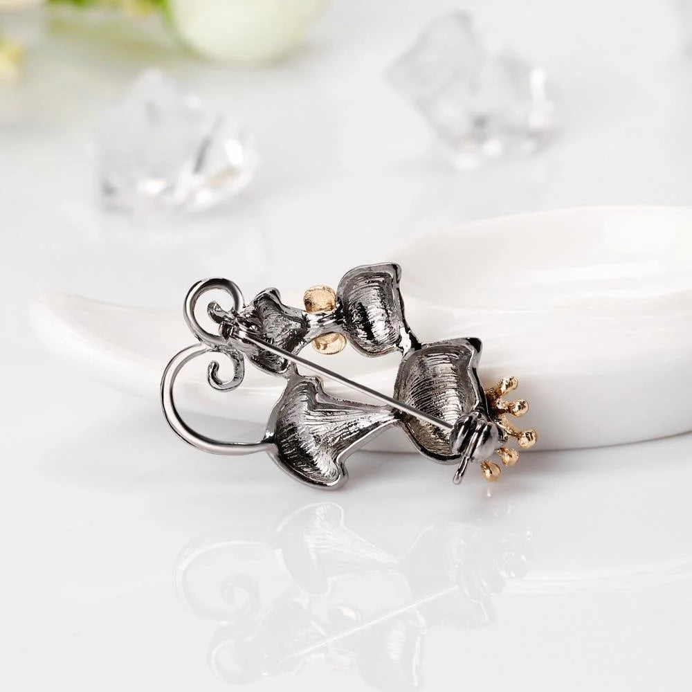 Cute Double Cat Alloy Brooch With Rhinestone Crown, Elegant Cartoon Lapel Pin Corsage Suit Accessory Gift