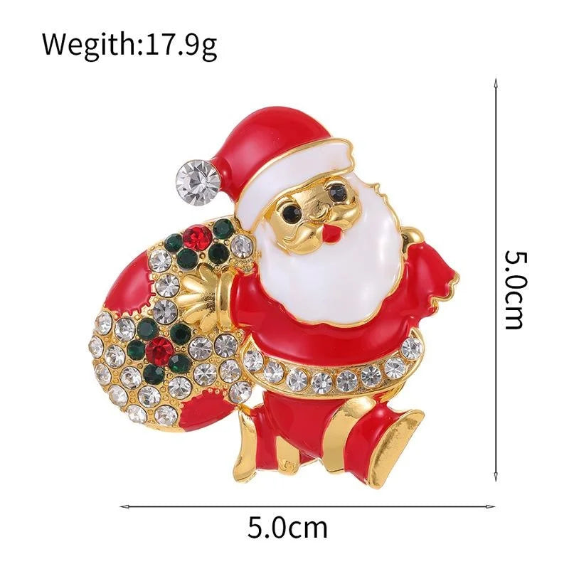 Cute Enamel Santa Claus Gift Bag Brooch With Rhinestones, Christmas Lapel Pin Holiday Suit Accessory