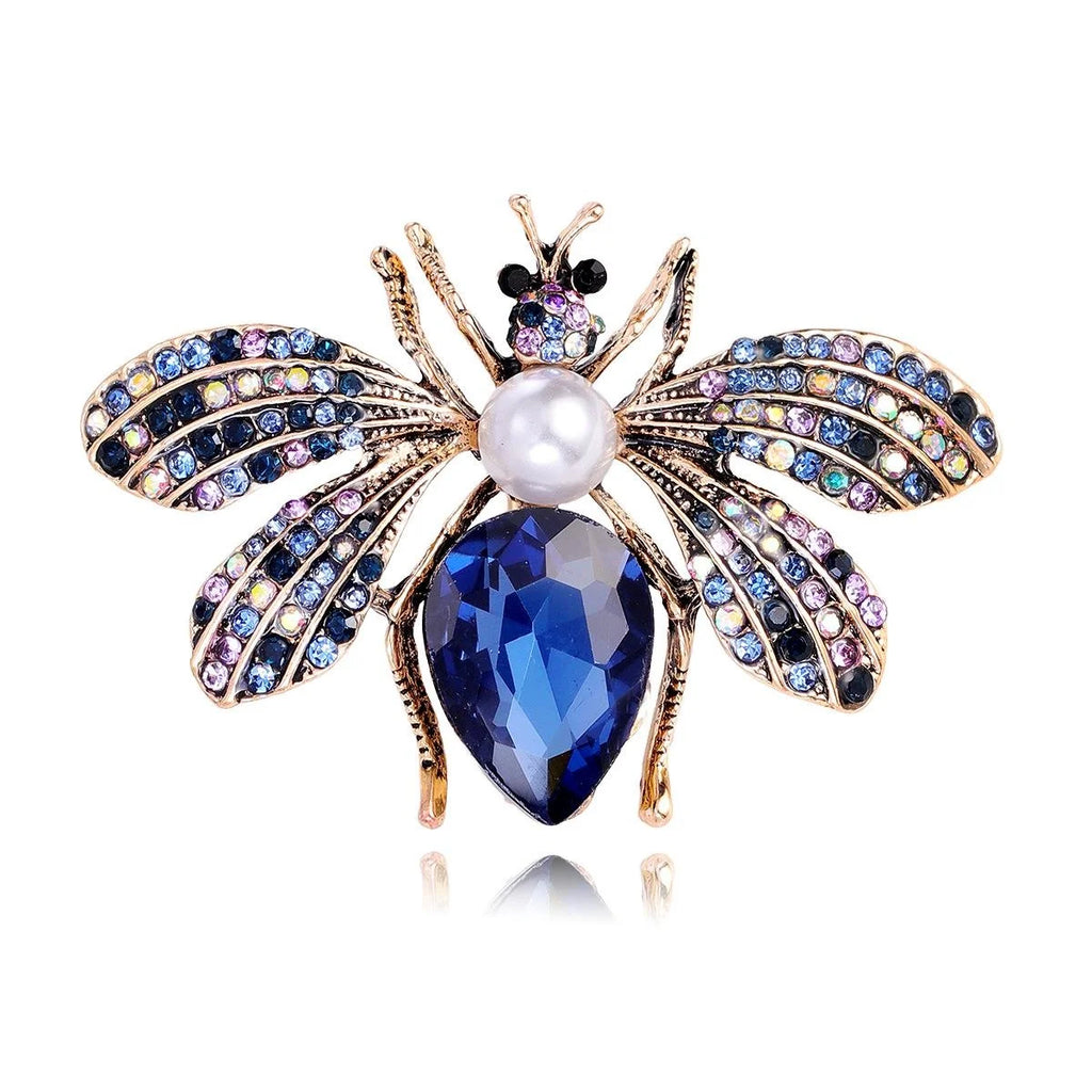Luxury Bee Brooch With Rhinestones Faux Pearl Blue Crystal Alloy Insect Lapel Pin Corsage Suit Accessory