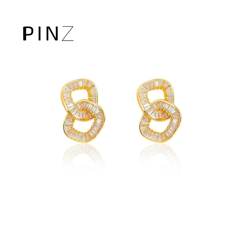 Premium 18K Gold Plated Copper Double Ring Geometric Hollow Round Stud Earrings