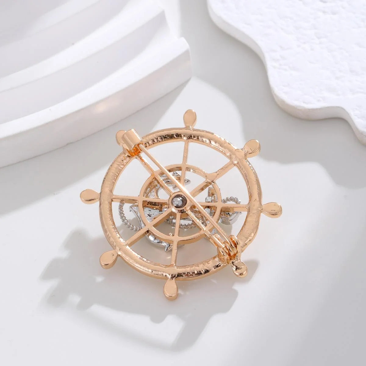 Luxury Rhinestone Alloy Ship Wheel Anchor Brooch, Nautical Lapel Pin Corsage Suit Accessory Gift