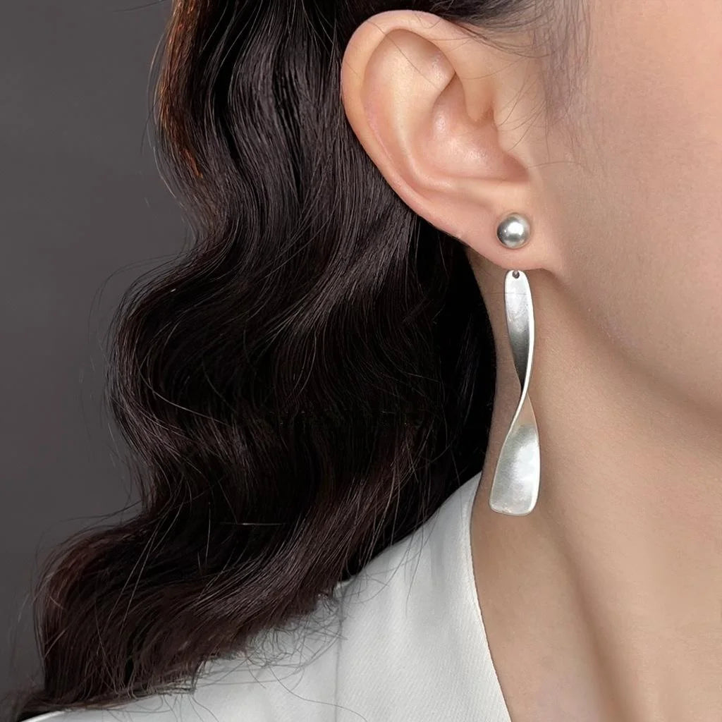 Matte Silver Plated Copper Geometric Drop Earrings, Two Way Curved Long Old Money Style