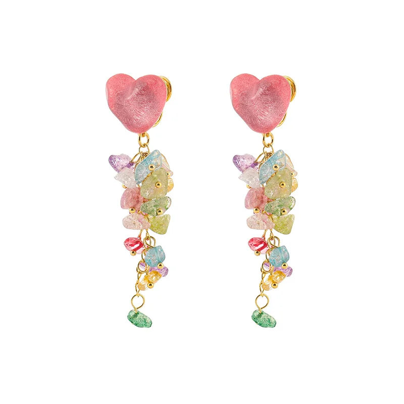 Pink Heart Colorful Crystal Chip Long Tassel Alloy Stud & Clip On No Piercing Earrings