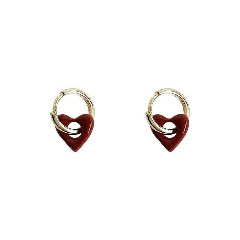 Flamenco Red Enamel Heart Copper Drop Earrings French Style Two Way Ear Cuff Jewelry
