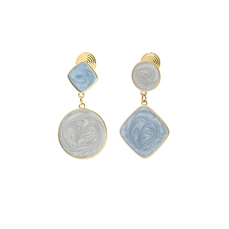 Elegant Asymmetric Blue White Enamel Alloy Geometric Disc Stud & Clip On No Piercing Drop Earrings