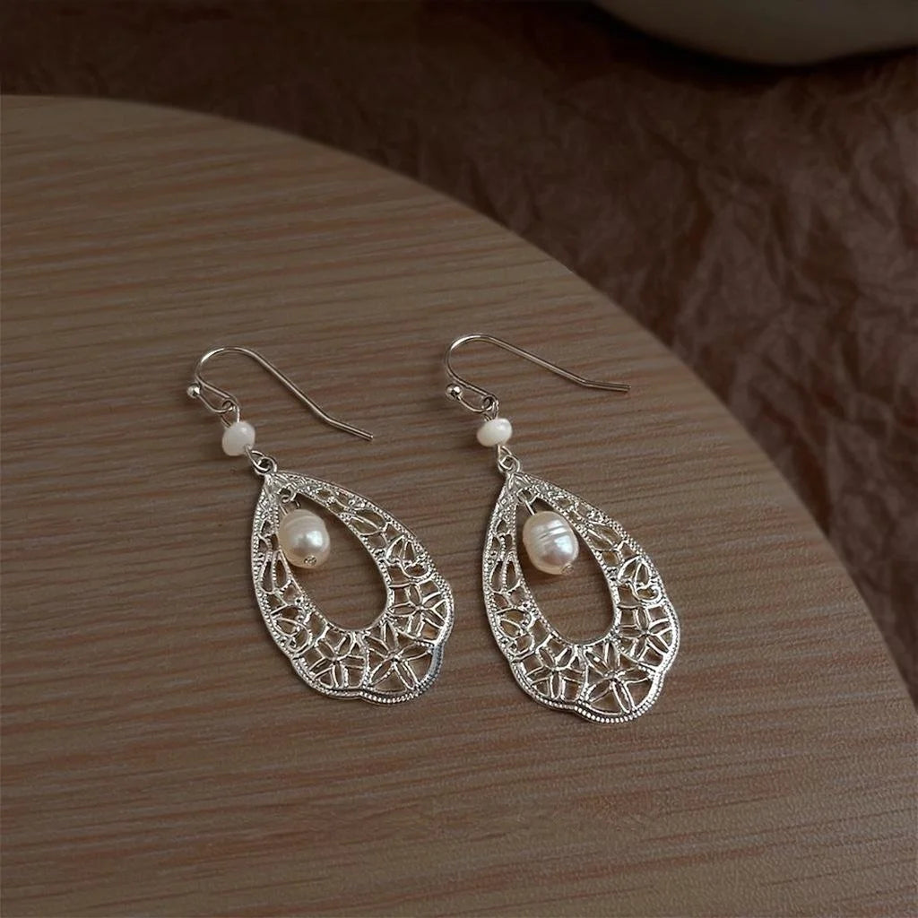 Natural Freshwater Pearl Teardrop Hollow Geometric Ethnic Handmade Drop Earrings