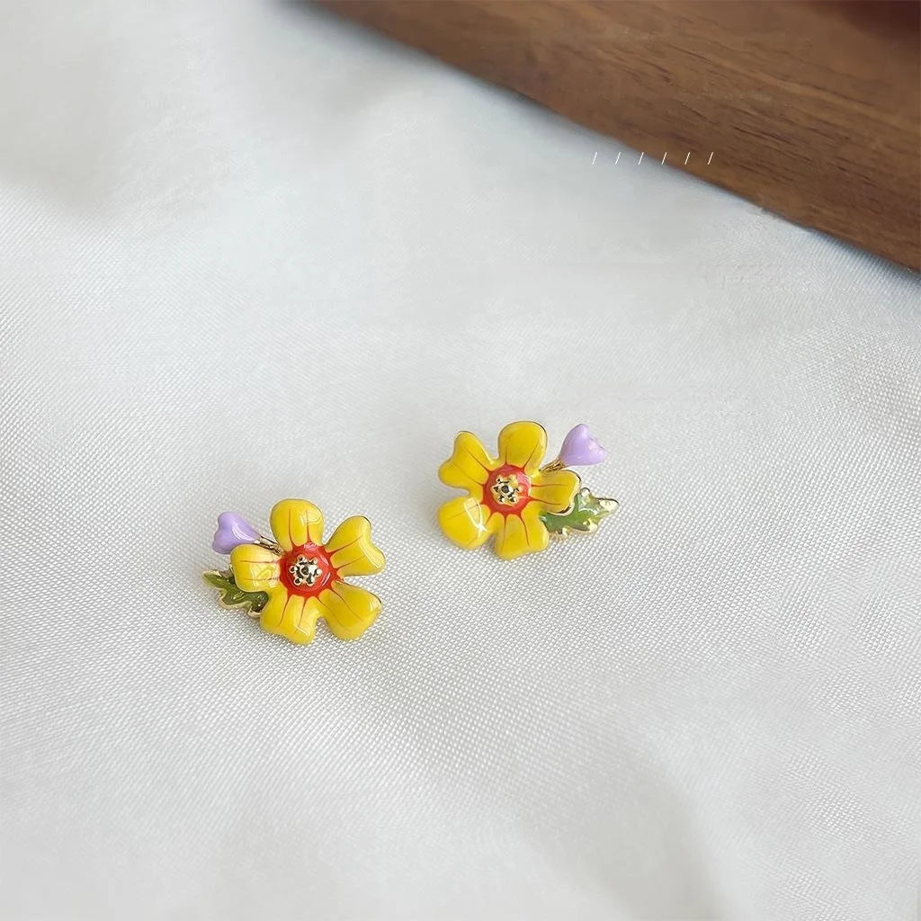 French Sweet Pastoral Copper Enamel Flower Stud Earrings With Oil Painting Colorblock Design