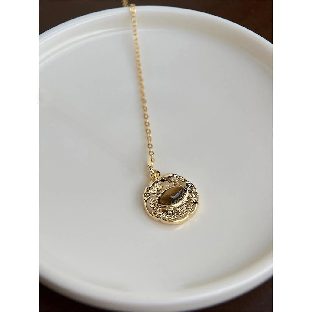 18K Gold Plated Tiger Eye Stone Geometric Eye Pendant Collarbone Necklace