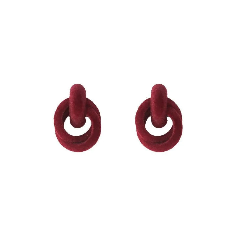 Burgundy Flocked Geometric Rope Knot Stud Earrings With Silver Plated Pins For Women