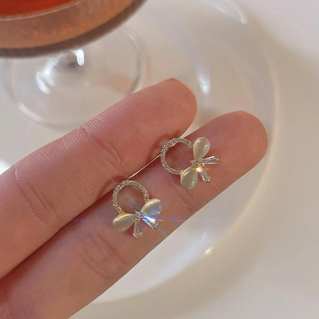 Sweet Korean Style 14K Plated Copper Bow Stud Earrings With Micro Pave Zircon Glass Cat Eye