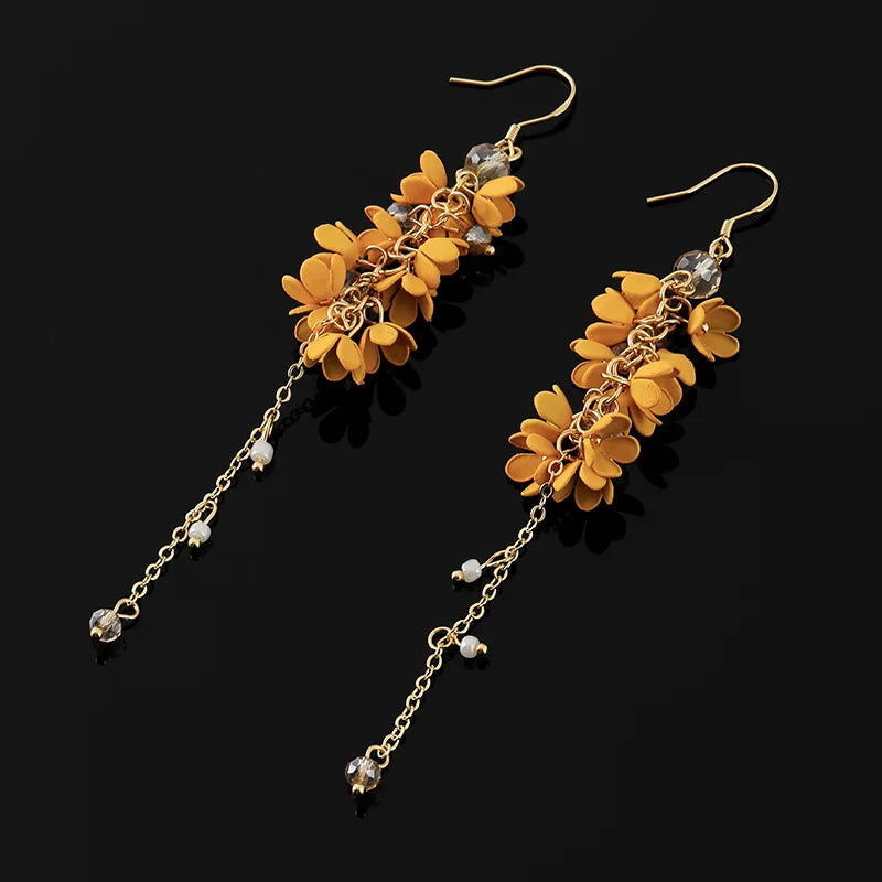 Elegant Yellow Osmanthus Flower Tassel Alloy Crystal Pearl Stud & Clip On No Piercing Earrings