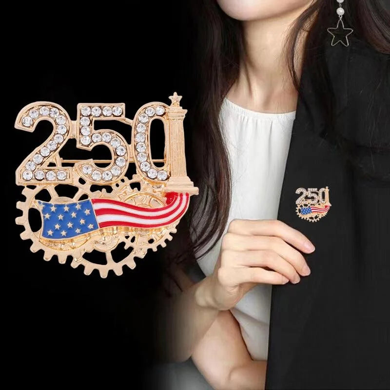 Luxury USA 250th Anniversary Gear Flag Rhinestone Alloy Brooch, Vintage Lapel Pin Suit Accessory Gift