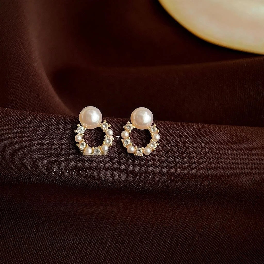 14K Gold Plated Copper Zircon Pearl Geometric Round Mini Stud Earrings For Women