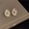 French Vintage Irregular Enamel Beauty Portrait Copper Pearl Stud Earrings For Women