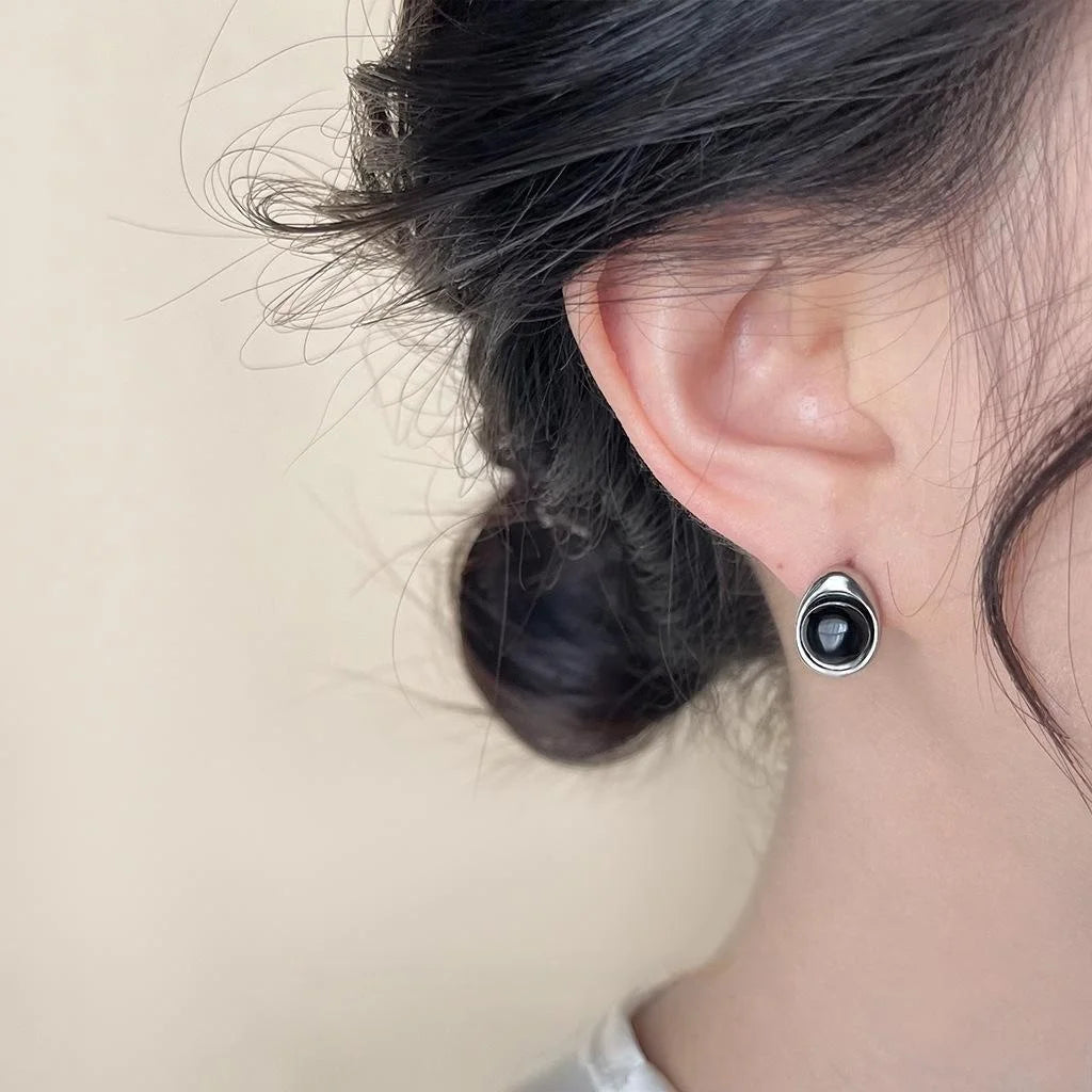 Black Agate Geometric Teardrop Stud Earrings For Women, Copper Minimalist Versatile Jewelry
