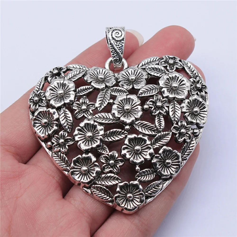 67x58mm 29.5g Antique Silver Zinc Alloy Hollow Flower Heart Charm Pendant for DIY Jewelry Making