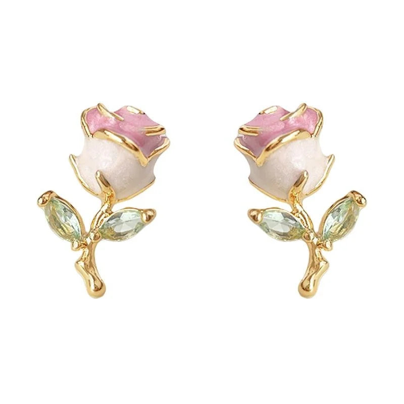 Sweet Fresh Silver Plated Copper Enamel Tulip Flower Micro Pave Zircon Stud Earrings