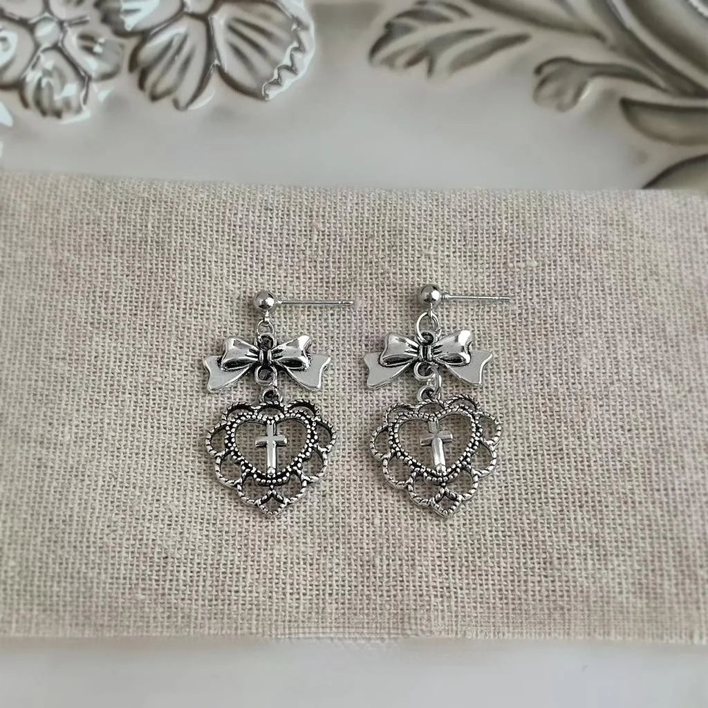 Sweet Cool Lolita Heart Bow Cross Drop Earrings, Antique Black Geometric Design