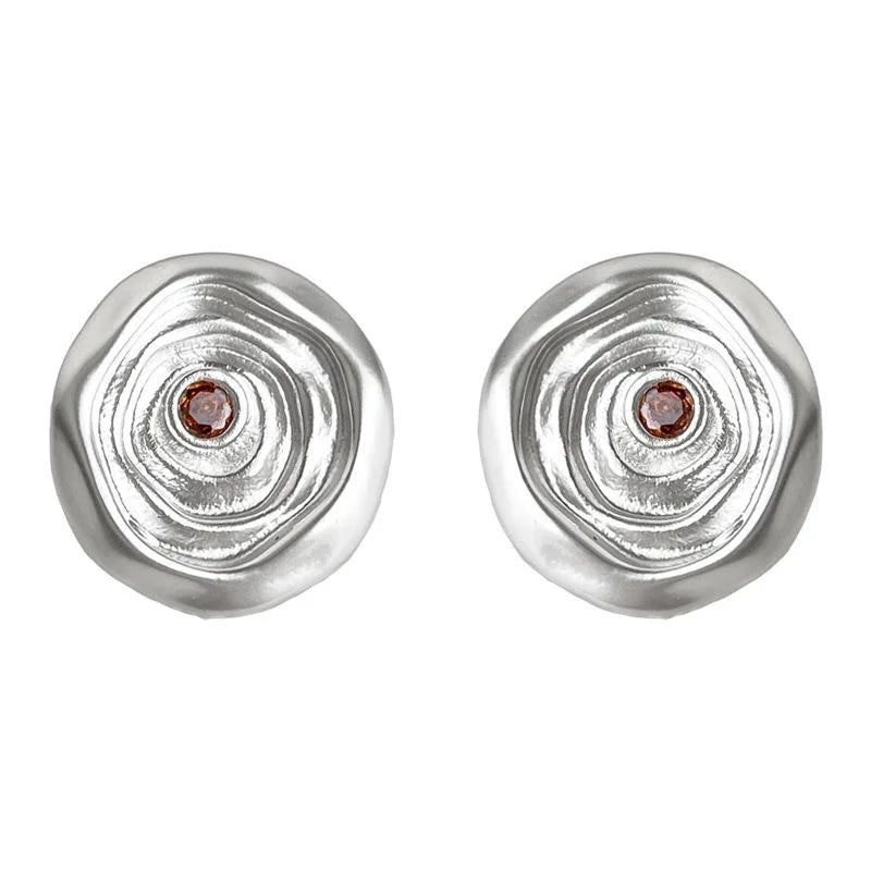 Original Textured New Chinese Matte Silver Plated Copper Zircon Round Stud Earrings
