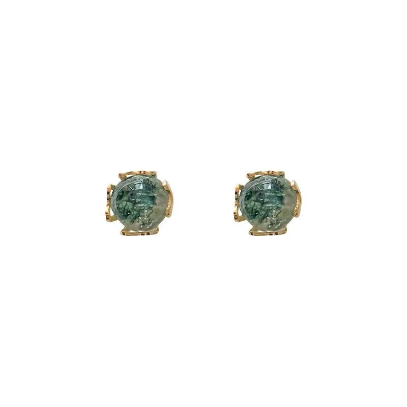 Natural Stone Green Phantom Round Stud Earrings 14K Plated Mini Fresh Style