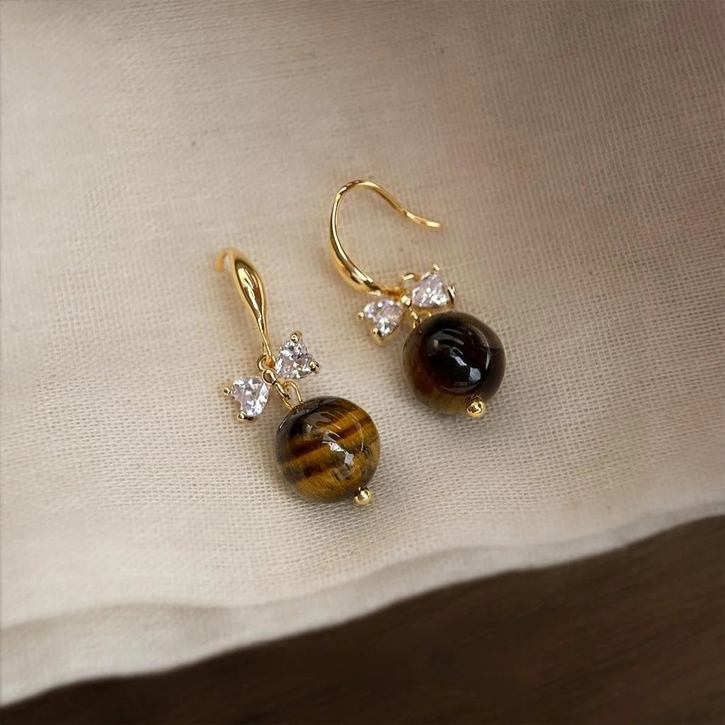 Natural Tiger Eye Stone Bow Drop Earrings Copper Zircon Maillard Style Elegant Jewelry