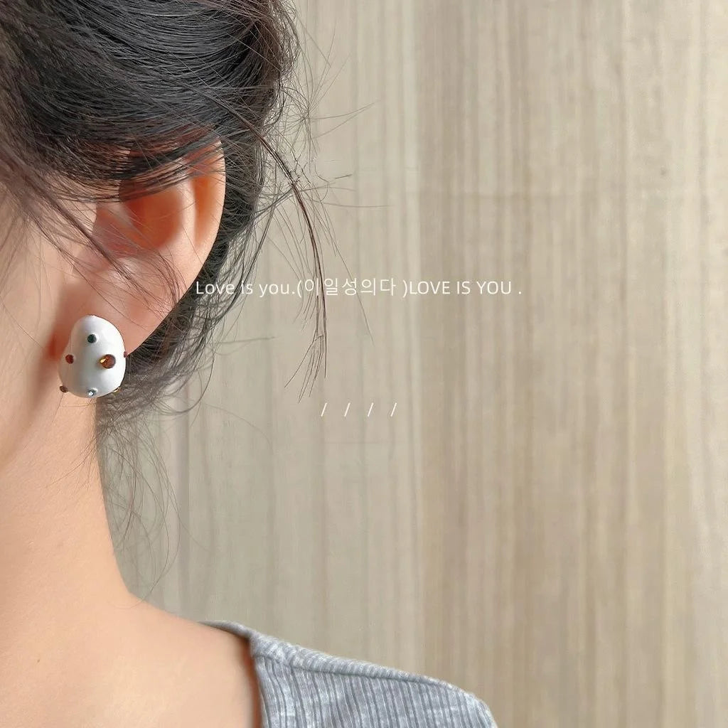 14K Plated Copper Milky White Enamel Rhinestone Irregular Geometric Stud Earrings