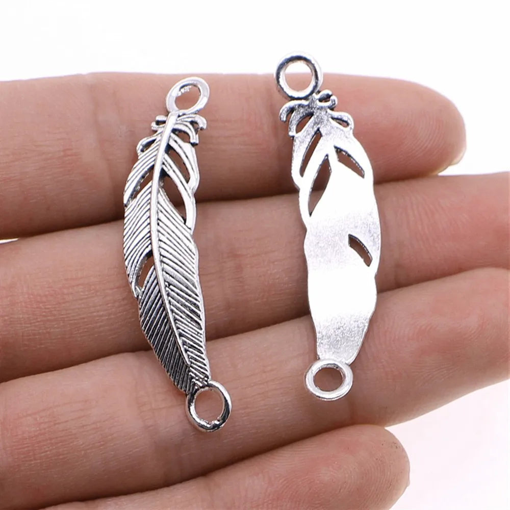 10x46mm 2.2g Antique Silver Zinc Alloy Feather Connector Charm for DIY Necklace Bracelet Jewelry Making