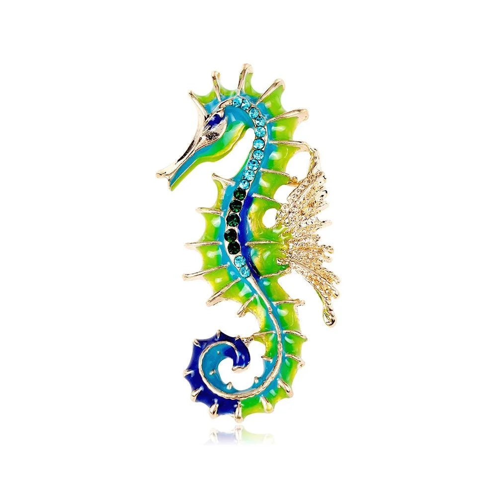 Elegant Enamel Seahorse Brooch With Blue Rhinestones, Gold Tone Alloy Lapel Pin Corsage Gift