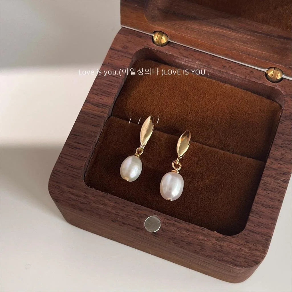 Natural Freshwater Pearl Drop Stud Earrings 14K Plated Minimalist Handmade