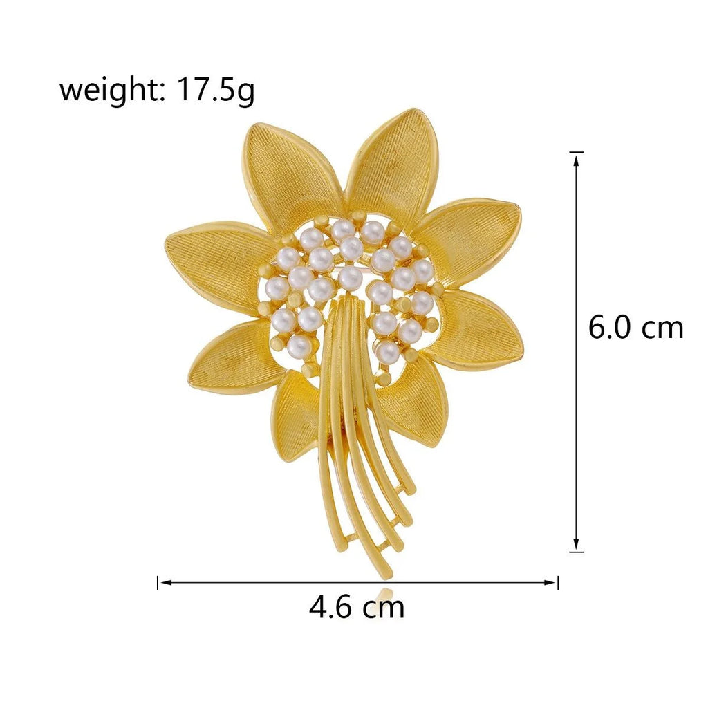 Luxury Gold Tone Alloy Sunflower Pearl Brooch, Elegant Floral Lapel Pin Corsage Suit Accessory Gift