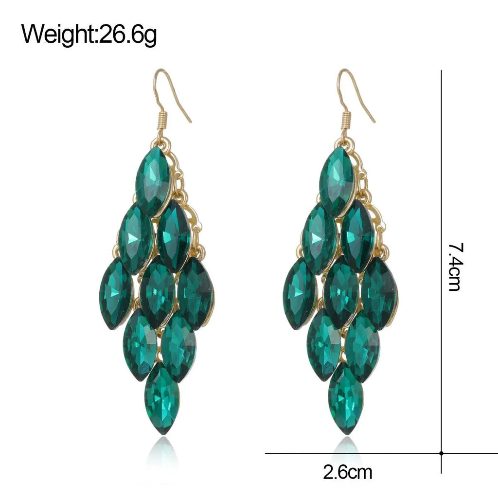 Luxury Emerald Green Marquise Crystal Tassel Chandelier Earrings, Gold Alloy Bridal Drops For Wedding Party