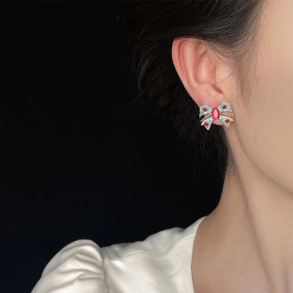 14K Plated Copper Blue Bow Stud Earrings With Micro Pave Zircon
