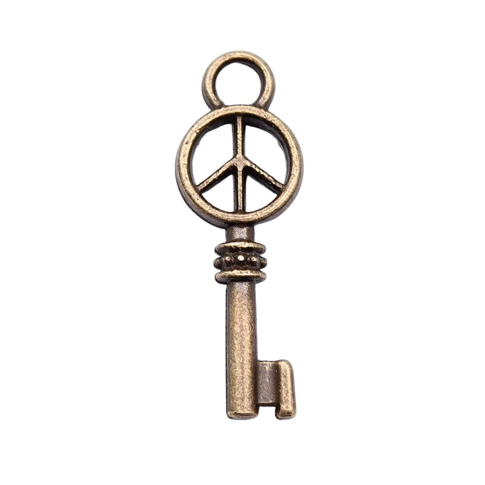 26x9mm 0.9g Antique Bronze Tone Zinc Alloy Peace Symbol Key Charm Pendant for DIY Jewelry Making