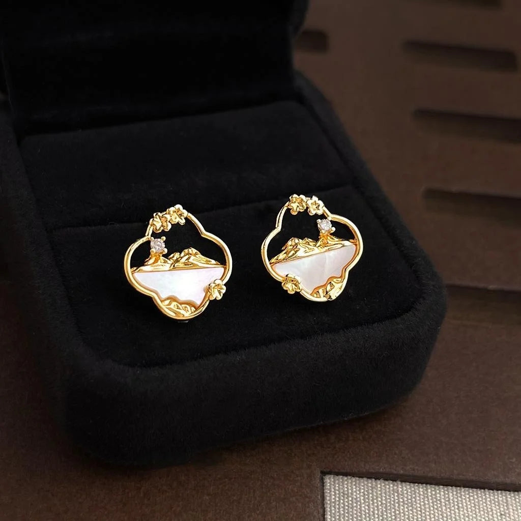 14K Gold Plated Copper Shell Flower Petal Micro Pave Zircon Light Luxury Stud Earrings