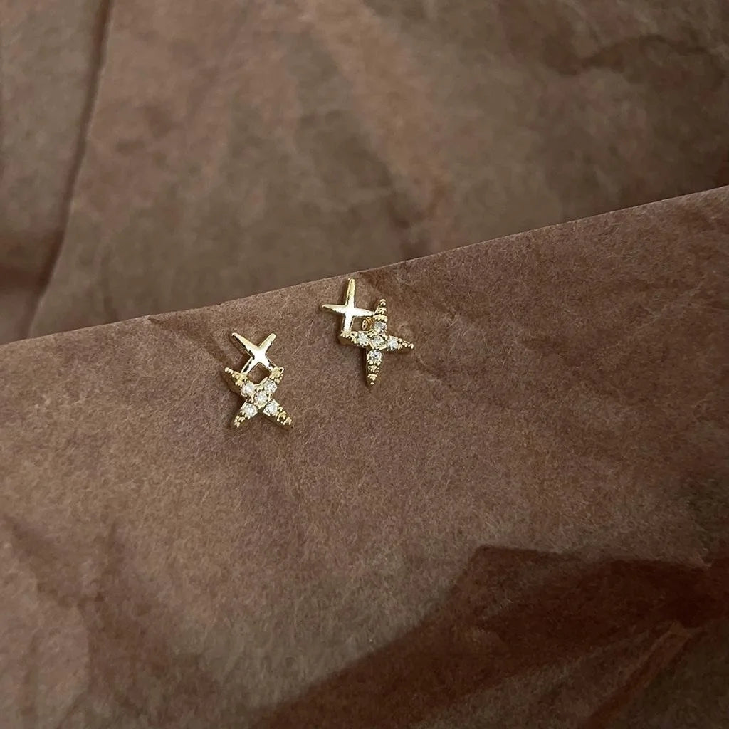 14K Gold Plated Copper Mini Star Zircon Stud Earrings Minimalist Versatile Jewelry