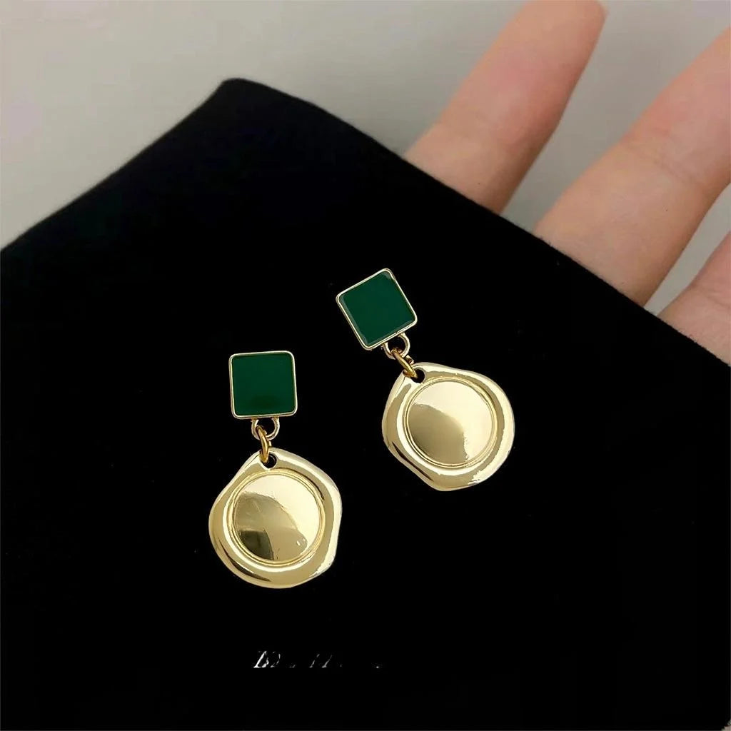 French Style 14K Plated Copper Green Enamel Geometric Drop Earrings