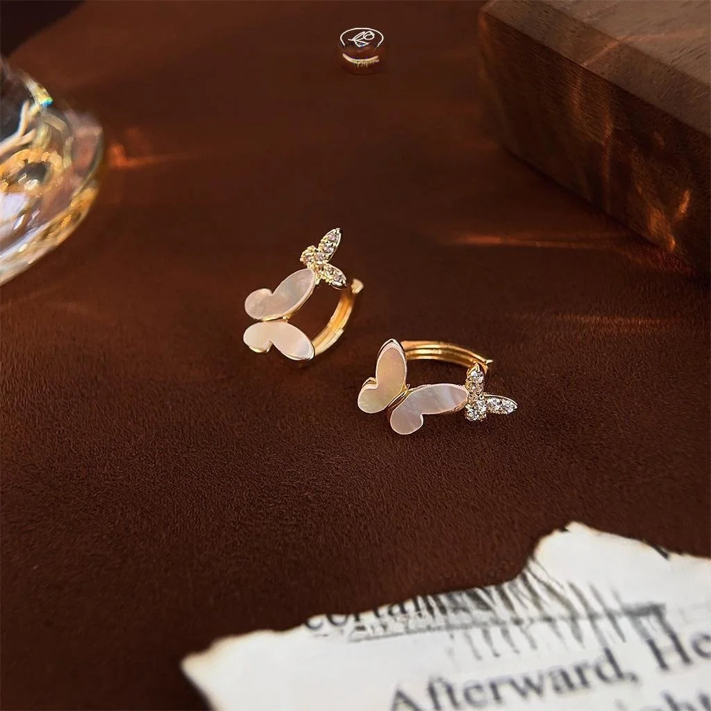 14K Gold Plated Copper Shell Butterfly Stud Earrings With Micro Pave Zircon, French Vintage Style